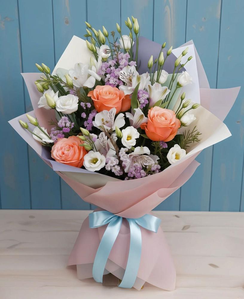 Букет цветов из: Лизиантусы, Розы, Альстромерии и Гипсофила в Красногвардейском Республика Крым